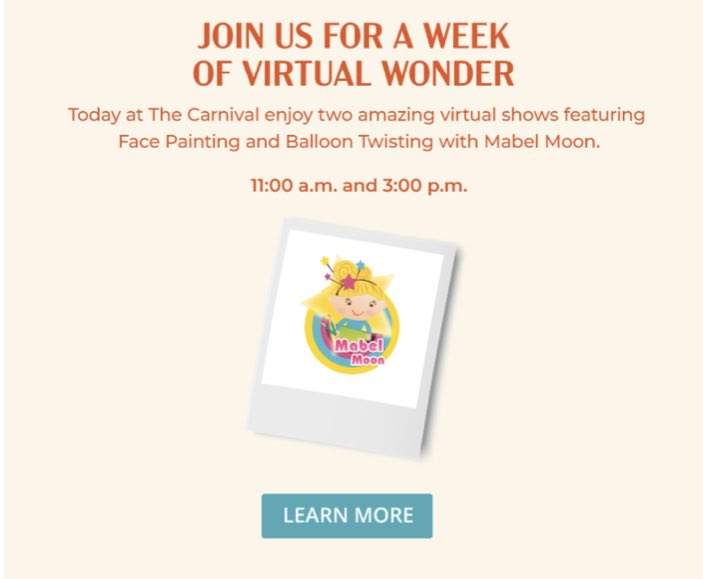 teamtandj's tweet photo. Today to kick off the #VirtualCarnival, tune in to catch our friend @mabelm00n show you how to do some fun Face Painting and Balloon Twisting!🎈

There are 2 different shows at 11am &amp; 3pm at #GeorgianMall, #BurlingtonCentre or #OakvillePlace.🎡🎉 https://t.co/syoWOTo44c