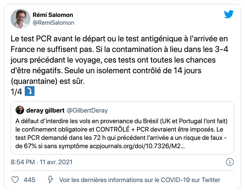 > #VariantBrésilien /  #Covid19 #VariantP1  #P1  #CoronaVirus  #Brésil15/Dans le même article :Des médecins français réclament une Quatorzaine obligatoire pour les personnes revenant du Brésil. https://www.nouvelobs.com/monde/20210412.OBS42623/des-medecins-francais-reclament-une-quatorzaine-obligatoire-pour-les-personnes-revenant-du-bresil.html