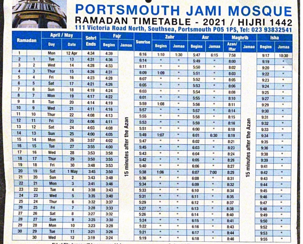 النادي السعودي بمدينة #بورتسموث يهنئكم بشهر رمضان المبارك. أوقات الاذان الرسميه لدى الجامع المركزي.