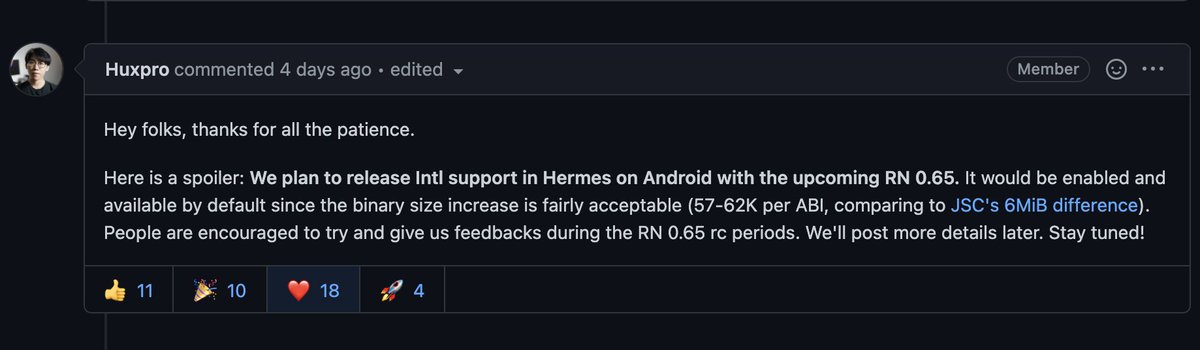 Hermes progress continues!After Proxies in RN 0.64,  @huxpro said Intl support should be added in React-Native 0.65 for Android. https://github.com/facebook/hermes/issues/23#issuecomment-816126715