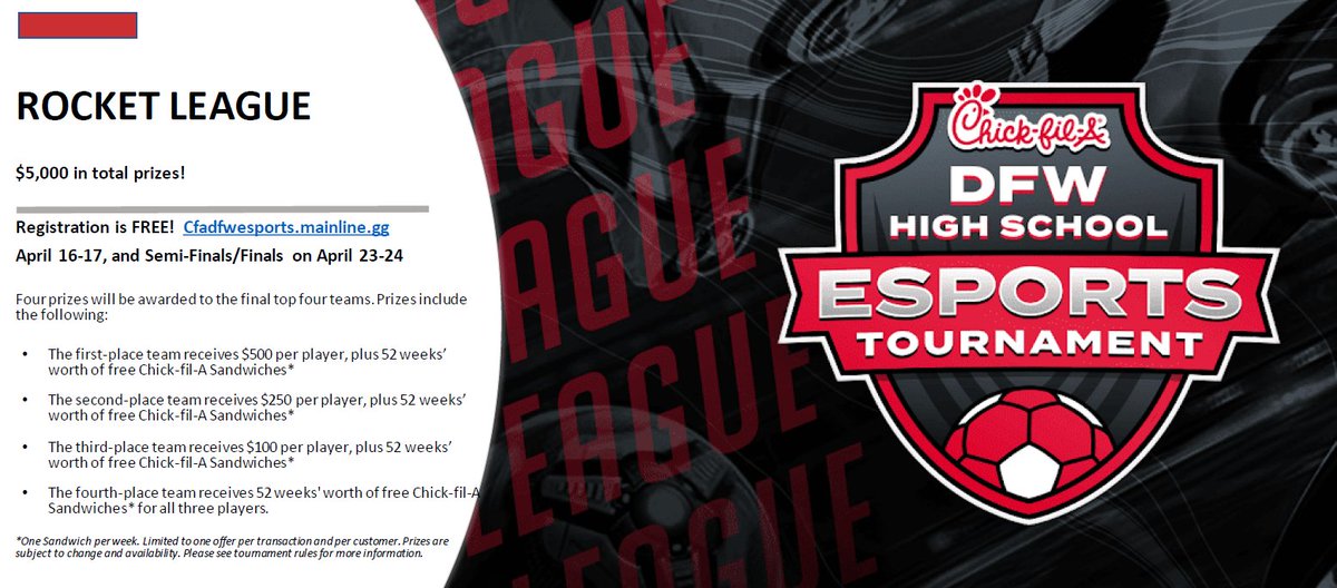 Rocket League Tournament with Chick-fil-A! Register for FREE at cfadfwesports.mainline.gg/2021/spring/hi…