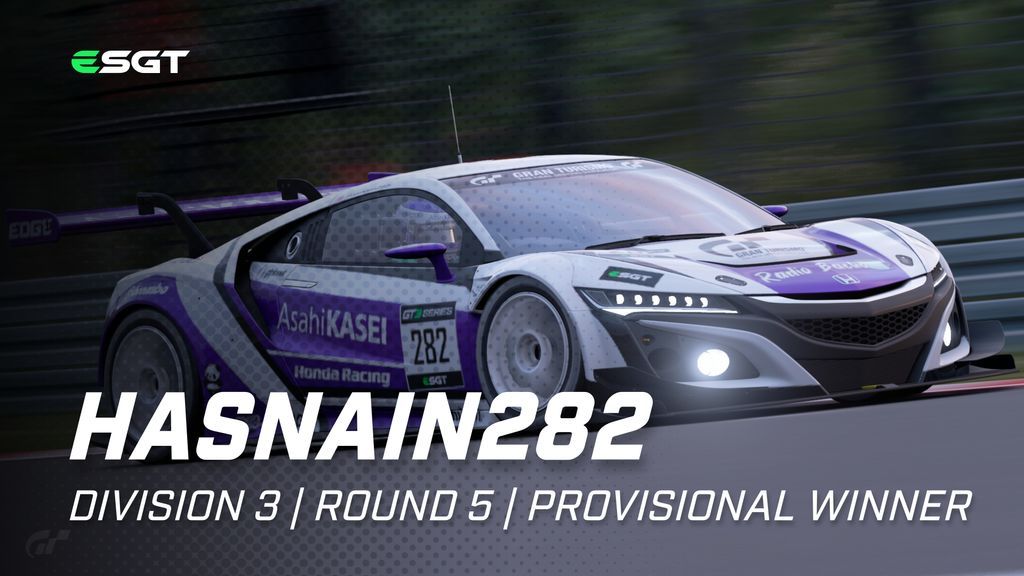 #GT3 | Provisional results for Round 5! 🇫🇷

@VSR_Robert_ displayed a strategic masterclass to take his fourth D1 victory of the season! <a href="/elusion428/">Lmao Tsetung</a> topped the field in D2 in the RX Vision, and <a href="/Hasnain282/">Hasnain</a> won on season debut in his NSX for D3! 👀

#ESGT | #GTSport | #Simracing