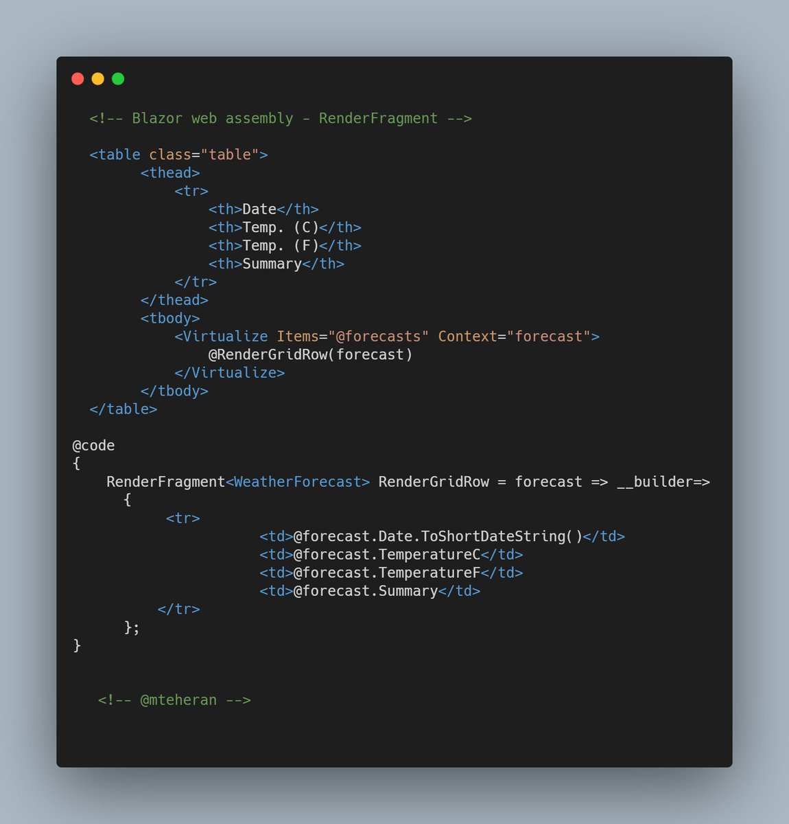 Mteheran's tweet image. En Blazor existen los RenderFragment, los cuales puedes invocar de manera recursiva o en diferentes partes dentro de un mismo componente sin afectar el performance y reutilizando código. #blazor #blazorwebassembly