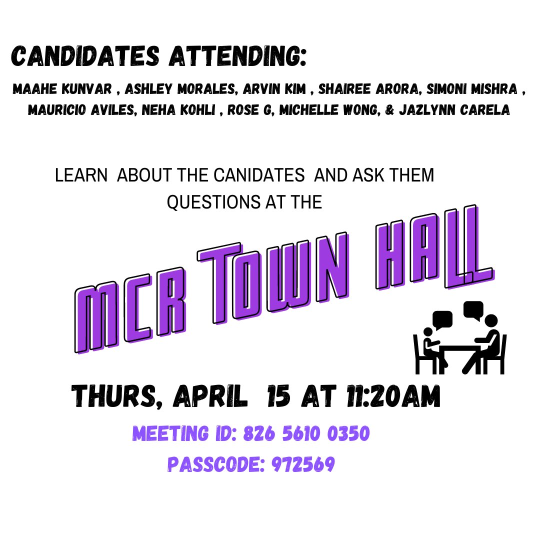 THIS THURSDAY!! Come learn more about the MCR candidates and have a chance to ask them questions :)
