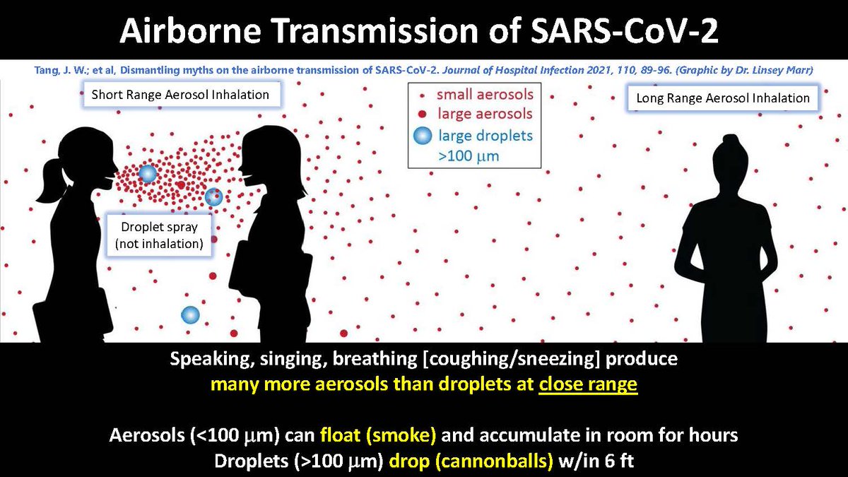 The conundrum: How can one explain infections due to inhalation of dilute concentrations of aerosols at long range (accepted as "airborne" by  @CDCgov) but no infection from inhalation of more concentrated aerosols at short range? (figure credit  @linseymarr ) (5/8)