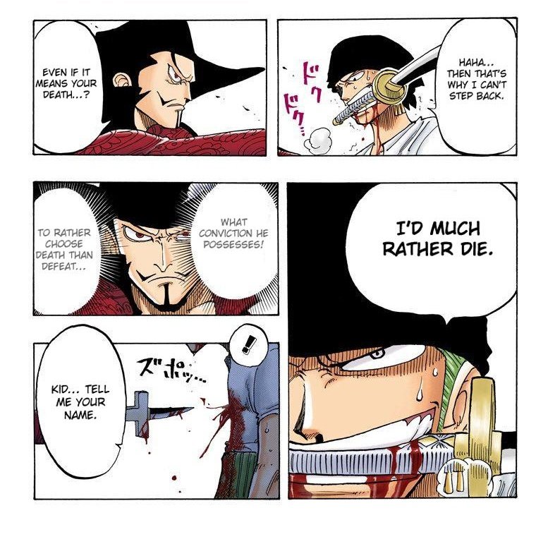 EXHIBIT C:Blackbeard is often praised for having one of the strongest ambitions, and I agree he dreams BIG, BUT in his eyes his dream comes second. Survival is his #1 priority even if it costs him his dream. Zoro and luffy on the other hand? The panels speak for themselves