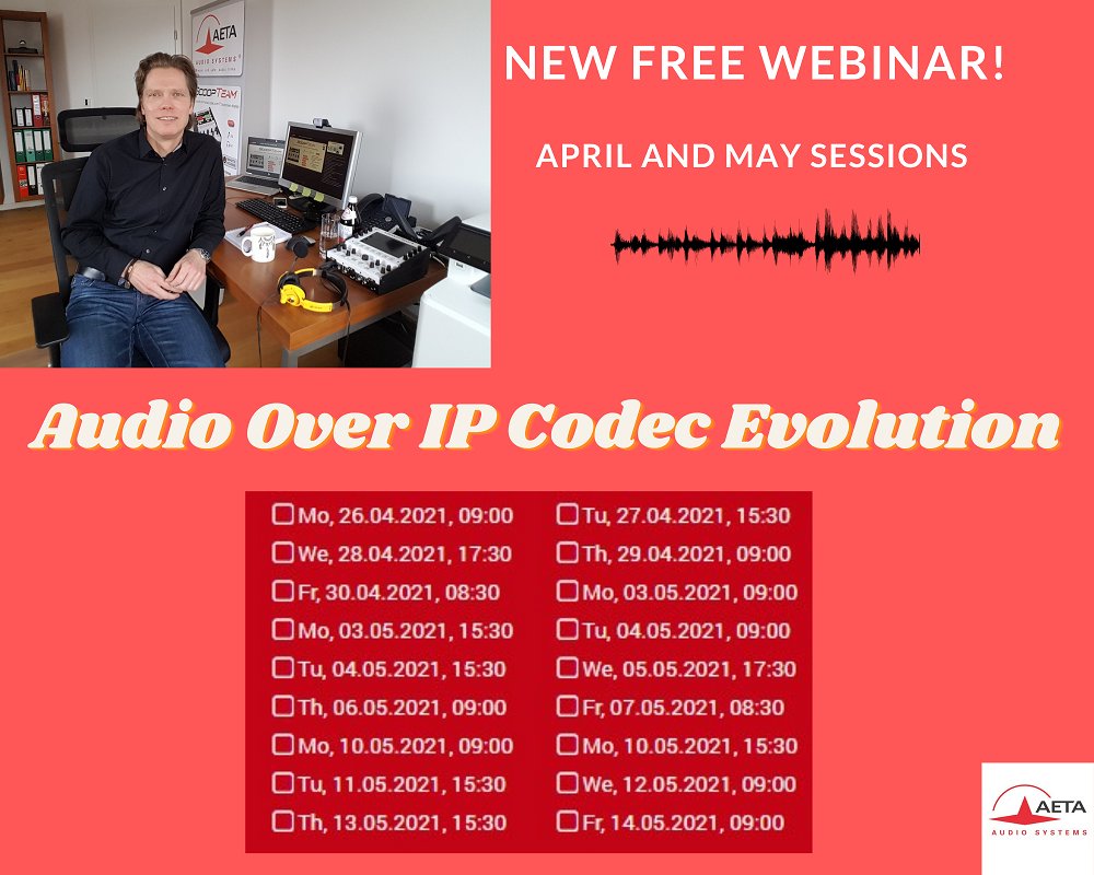 Our new webinar sessions will be starting on 26 April and end on 14 May. 
‘AoIP Codec Evolution’, a topic that will cover the importance of choosing the right equipment for live outside contribution. 
Feel free to book here:
bit.ly/32l7nsF
#Webinar #AoIP #codecs