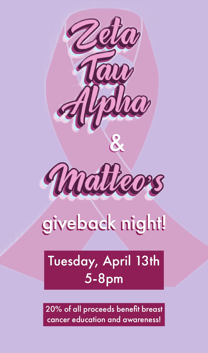 ♛ Support 𝚉𝚃𝙰 &amp; eat at Matteo’s this Tuesday (April 13th)! 20% of proceeds benefit Breast Cancer Education &amp; Awareness! ♛
