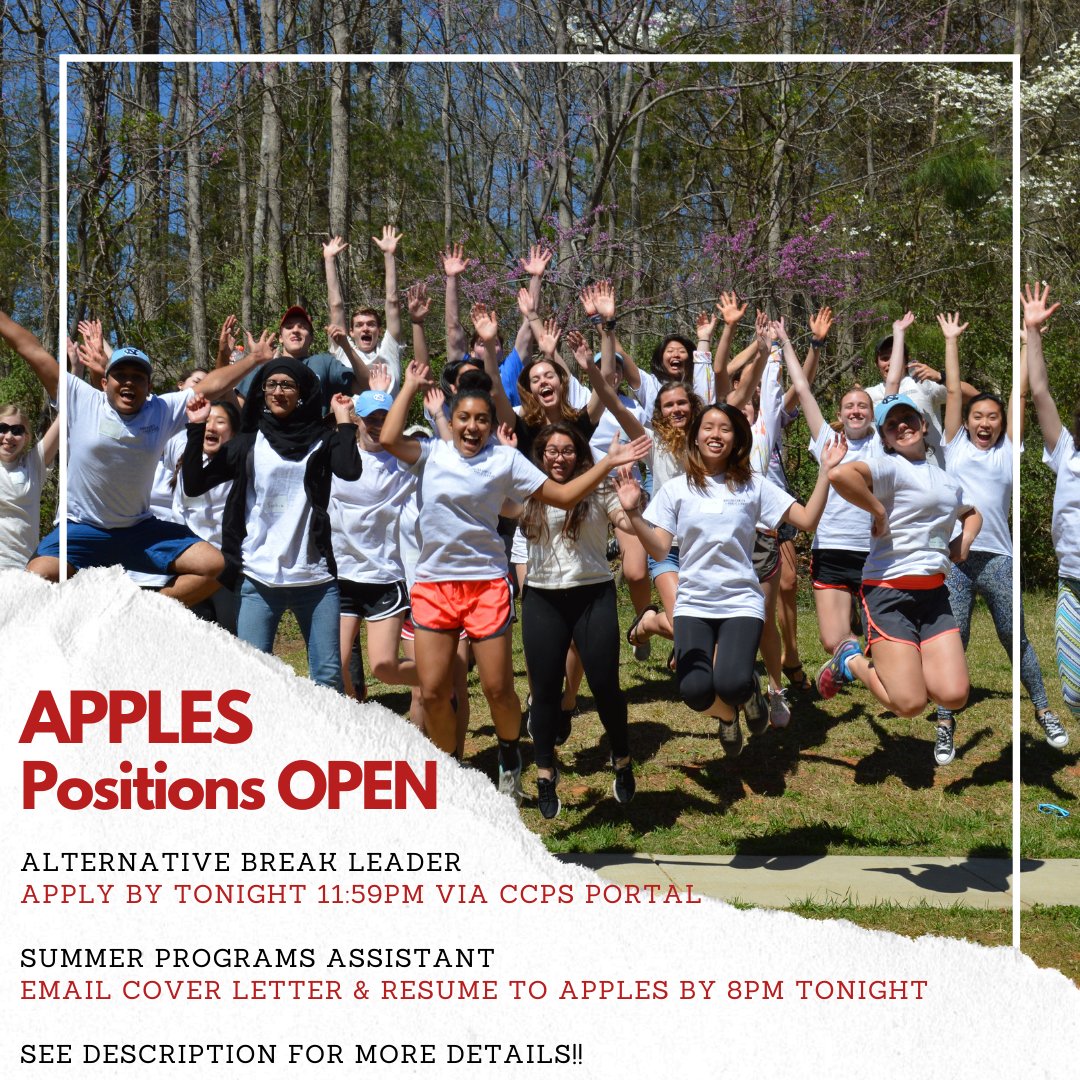 UNC_APPLES's tweet image. Hello APPLES community! Last call for applications tonight! Apply to become an Alternative Break Leader by 11:59pm tonight via the CCPS Application Portal. Apply for the Summer Programs Assistant position by 8pm tonight by emailing apples@unc.edu your cover letter and resume.