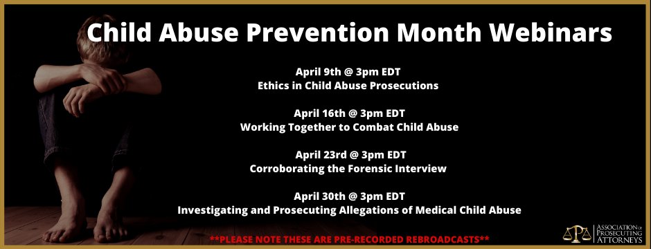 April is Child Abuse Prevention Month. Join APA for rebroadcasts of Child Abuse Prosecution webinars every Friday in April. 

Register now for this Friday's training, "Working Together to Combat Child Abuse": ow.ly/fbH750EmtxY