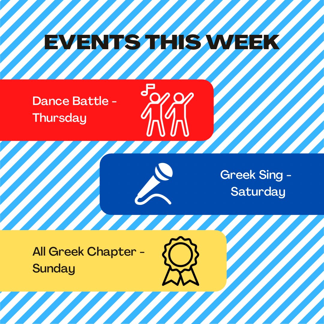 Here are the events for this week! Be sure to keep an eye out for the live stream links for Walk-a-Mile, Dance Battle, Greek Sing and All Greek Chapter!! #segreekweek21