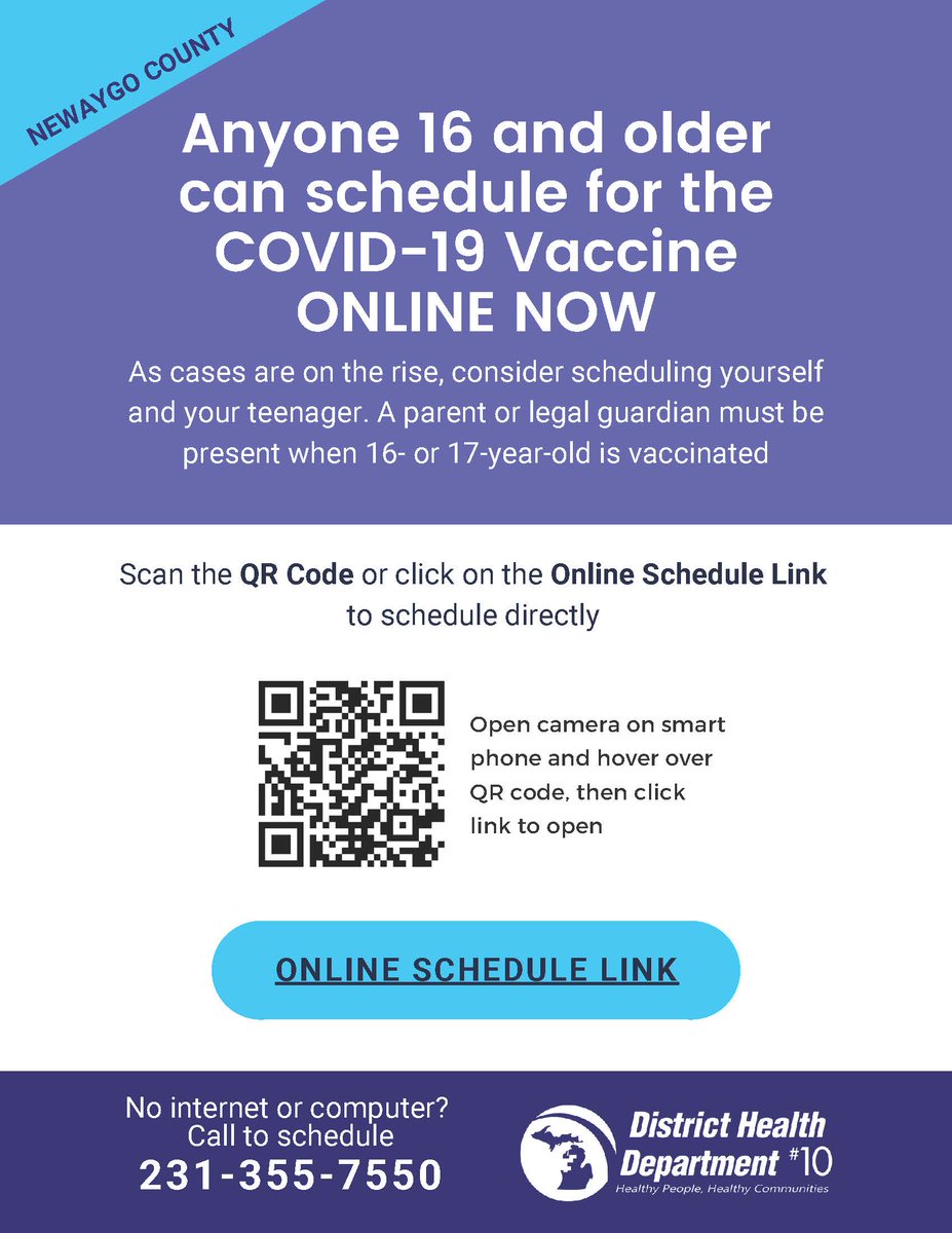 NCRESASupt's tweet photo. COVID-19 vaccines are available to anyone 16 and older in Newaygo County. Click the link to schedule your appointment: https://t.co/6TaEbuJRwJ https://t.co/72FJxsyu8D