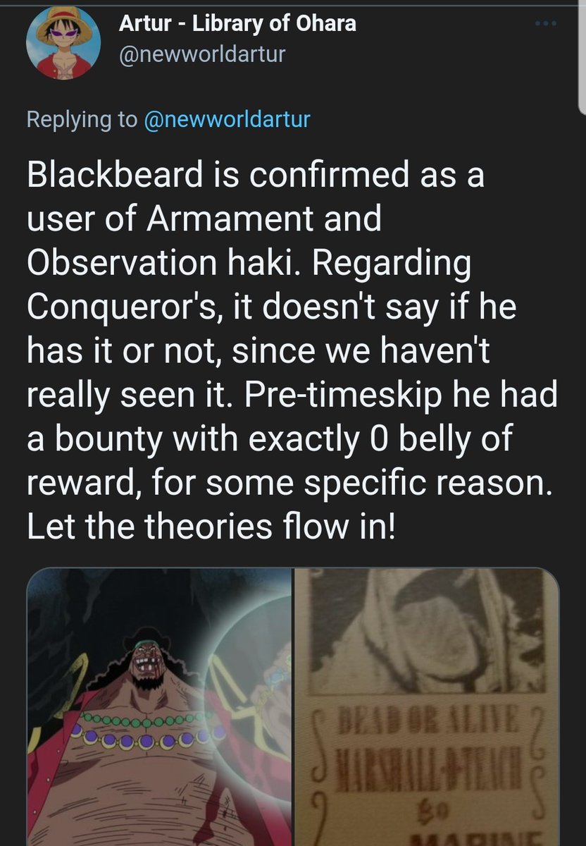 EXHIBIT D:Blackbeard was confirmed to be an armament and observation haki user without anything about conquerors. Now you'd say it's because we haven't seen him use it, but we haven't seen him use CoA/CoO either. In contrast, Sengoku was confirmed to have CoC just like that