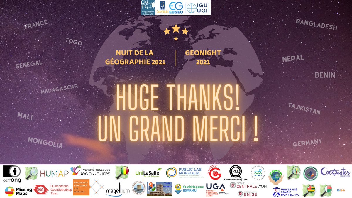 😍HUGE THANKS to the participants of the 20 #mapathons co-organized by <a href="/assocCartONG/">CartONG</a> in 11 different countries during the <a href="/GeonightO/">Geonight.official</a> last week! What great results: almost 400 contributors, and more than 30,000 buildings &amp; 1,700 km of roads mapped! Will share more feedback soon👍