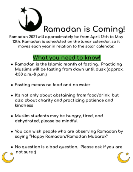 Ramadan is coming! Please take a look at this graphic to learn about what you need to know! Feel free to ask any questions. #Ramadan #ramadanmubarak #fasting #teachmindful  #education