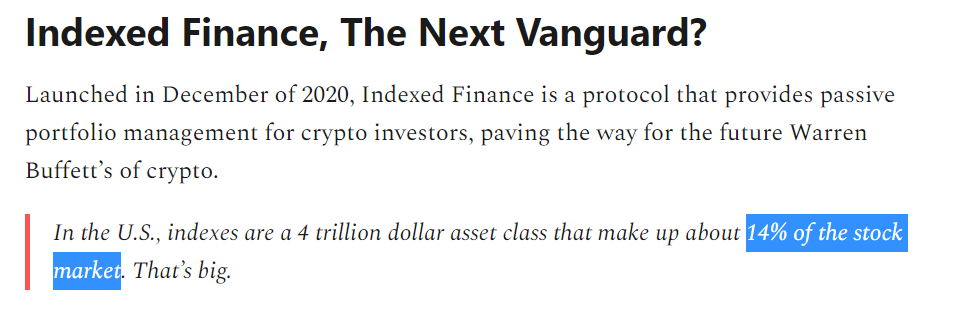 Indexes = 14% of stock market

If crypto indexes held the same percentage today, they'd grow by about 1,470x