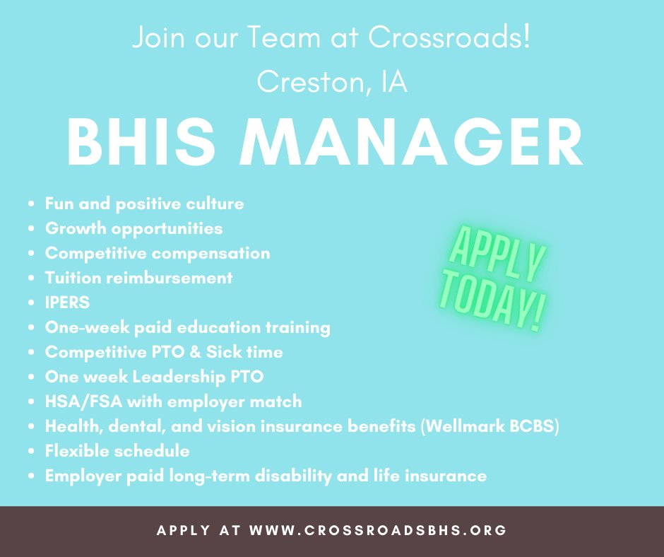 CrossroadsBHS's tweet photo. Crossroads is hiring a BHIS Manager to join our team! This position is located in our Creston office.  You can apply by going to our website or send your resume to mblazek@crossroadsbhs.org. Thanks! https://t.co/d4zZ0rX32Y