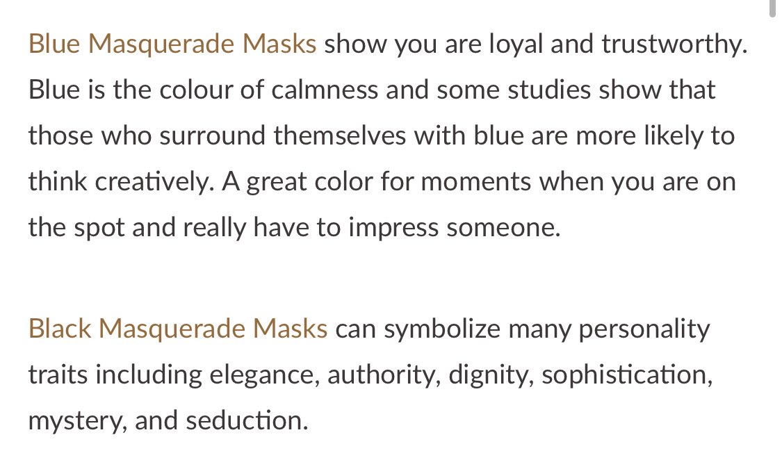 ALSO, each one of there masks is different. They each represent smth different, as the meaning of the different colors show below. Interesting, yes?
