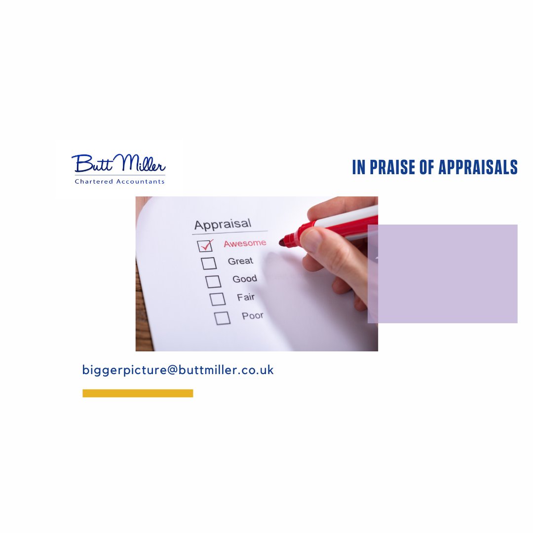 Butt_Miller's tweet photo. Our latest blog is all about appraisals - have a read of it on the Insights page on our Butt Miller website. 
https://t.co/ZxZ69dNwYy  
#buttmiller #charteredaccountant #appraisals #insights #finance https://t.co/SvEHo6ThKf