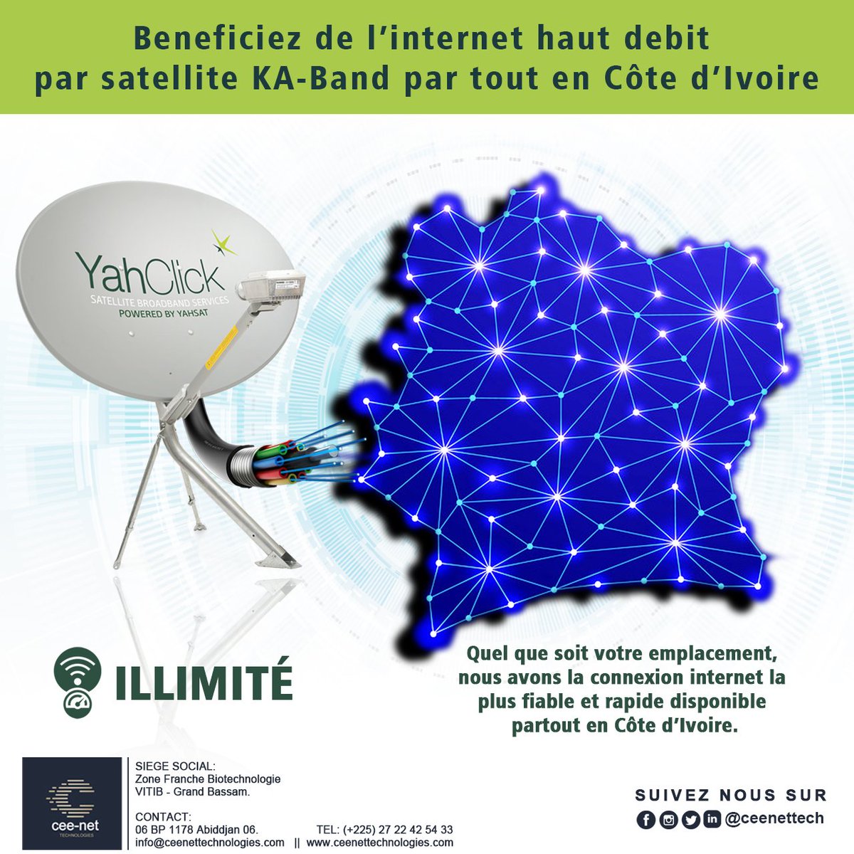 No matter what you need #internet for, @ceenettech has the most #secured and #fastest Internet connection throughout Côte d'Ivoire 🇨🇮 and beyond! Call us today for the best offer. #yahsat #ceenet #civ #technology #Africa