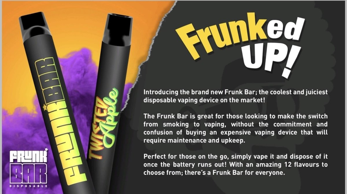 eco_vapours's tweet photo. We are Pleased to Announce that we are an Official Stockiest of the New Frunk Bar Disposable Device. 

Consisting of 12 x Awesome Everyday Vape Flavours. 

Frunk Bar Disposable Device offers 600 of Mouth Watering Puffs.

A Device that ticks all those Box's!!! ✅✅✅ https://t.co/sNvwopzSfx