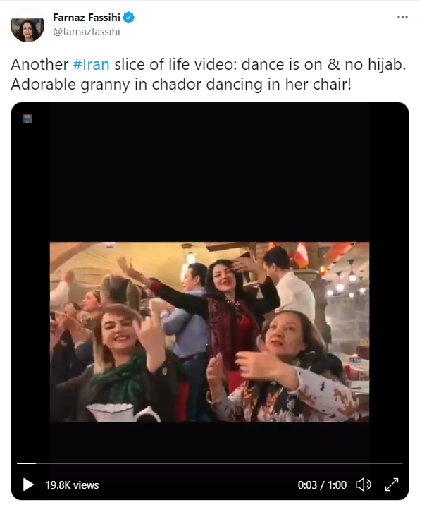 1.1. Last year, she posted this video calling it a "slice of life" in Iran: women dancing, no hijab.Hijab is compulsory in Iran and dancing is not allowed. In fact, a few days later many people involved in the same video were arrested. #NYTimesPropaganda https://twitter.com/farnazfassihi/status/1224081132771336192