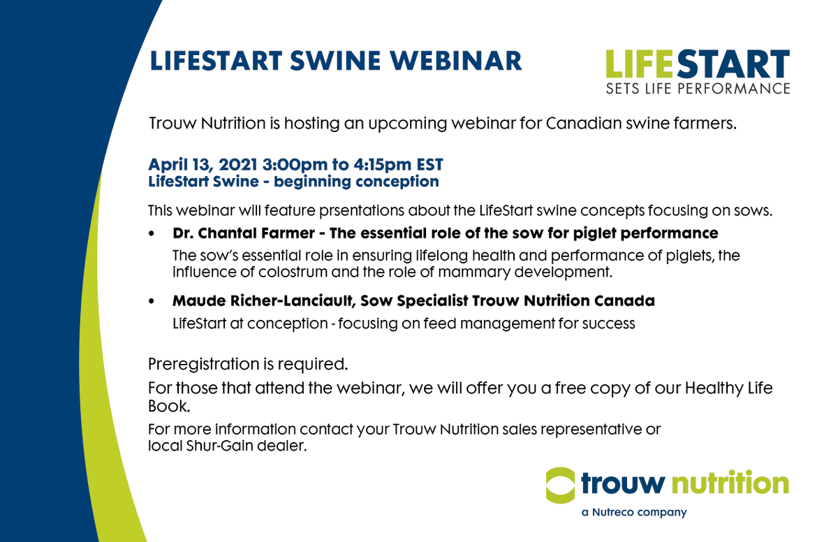 Have you registered for our LifeStart swine webinar tomorrow? Hear from Dr. Chantal Farmer, talking about the role sows play in piglet performance.

Preregistration is required. Register here: ow.ly/4Vfi50El5iA. #trouwswine #realpigfarming
