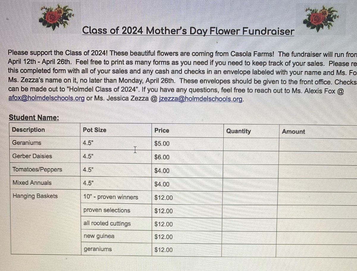 MsZezza's tweet photo. Attention! 📢 the @HHSClassof2024 is selling Mother’s Day flowers for a fundraiser 💐🌸🌷 Check out the daily announcements for the order form! The fundraiser is until April 26th. #HomeDelProud #flowers #2024 #fundraiser @HolmdelHS https://t.co/tl7ZtVPgPZ