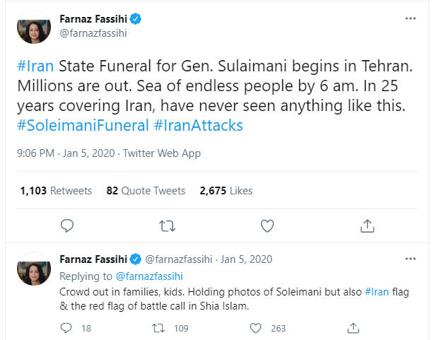 1.2. She tweeted multiple times about "massive" gatherings in mourning of Soleimani. (A huge part of the attendees were forced to attend, in fear of their jobs, or even lives).This included a blatant lie reported in  @nytimes: exaggerating 3km to 30km! #NYTimesPropaganda