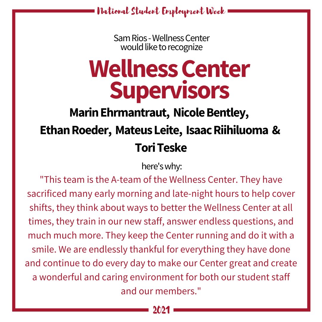 It's National Student Employment Week and we're #FiredUp to recognize the tremendous work of <a href="/msumoorhead/">Minnesota State Moorhead</a> student employees! Check out this
shoutout for Marin, Nicole, Ethan, Mateus, Isaac &amp; Tori, the Wellness Center Supervisors with <a href="/msumrecwell/">MSUM Rec & Wellness</a>! #NSEW2021 #DragonsWork