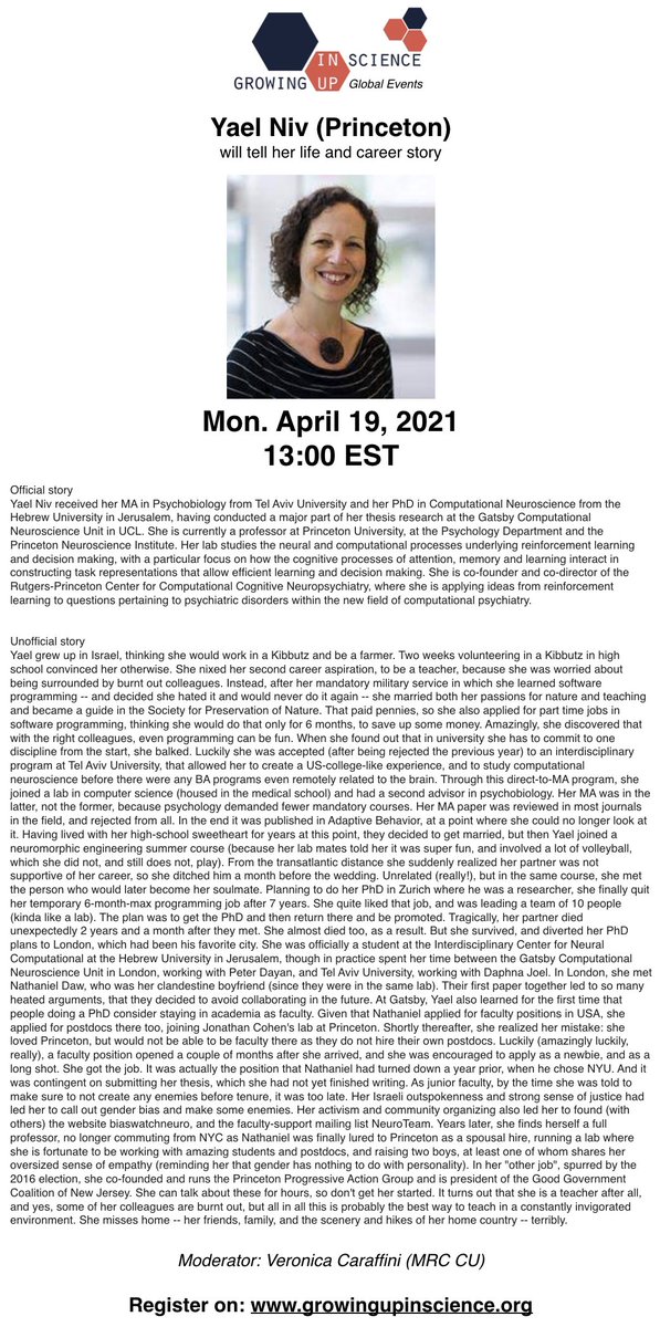GrowingUpInSci's tweet photo. Apr 19 at 13:00 EDT: Growing up in Science - Global, featuring @yael_niv's unofficial story. #growingupinscience

Register here: https://t.co/iNO3Ua5mQx https://t.co/igtw3NPkVE