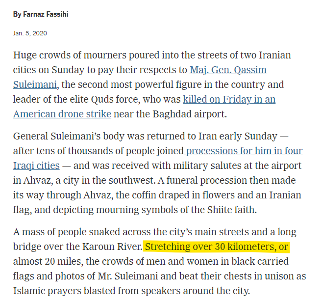 1.2. She tweeted multiple times about "massive" gatherings in mourning of Soleimani. (A huge part of the attendees were forced to attend, in fear of their jobs, or even lives).This included a blatant lie reported in  @nytimes: exaggerating 3km to 30km! #NYTimesPropaganda