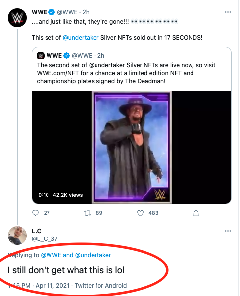 CREATORS PART 2REALLY need to stress that NOW is the time to get into this industryAt last, major IPs like  @WWE are testing the waters.But who will explain NFTs to their fans?If you think EVERYONE already knows NFTs, they don't.Case in point, comments like this