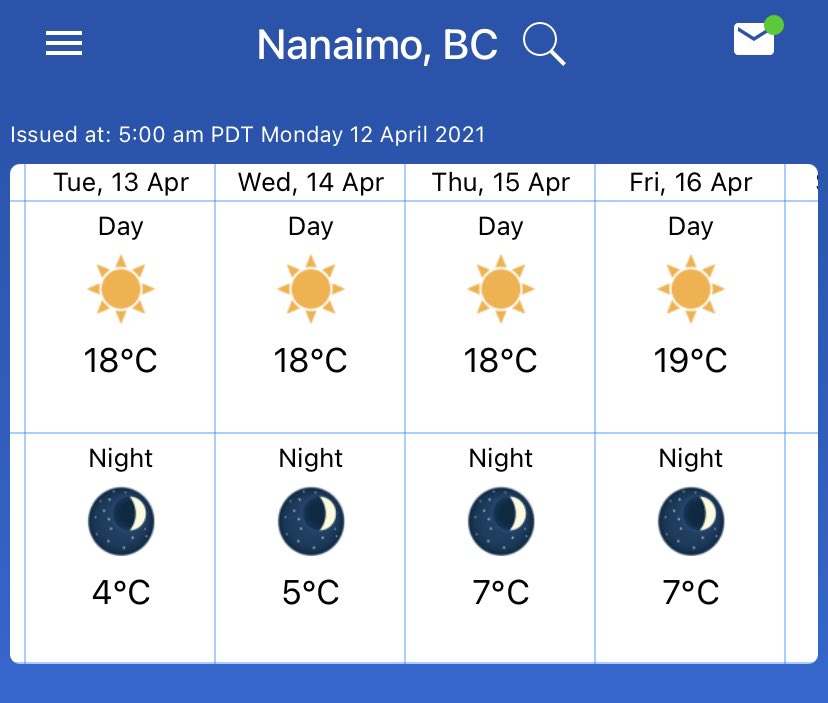 tessvanstraaten's tweet photo. Hello, sunshine!☀️We haven’t seen a forecast like this (sunshine all week and mid-teen to 20+ C temps) since last summer. And boy, do we need it! Definitely a psychological boost after some tough weeks/months on the COVID front. Enjoy 😎 @CHEK_News #BCwx #heatwave #yyj #ycd #yqq https://t.co/fEfCQlWqrD