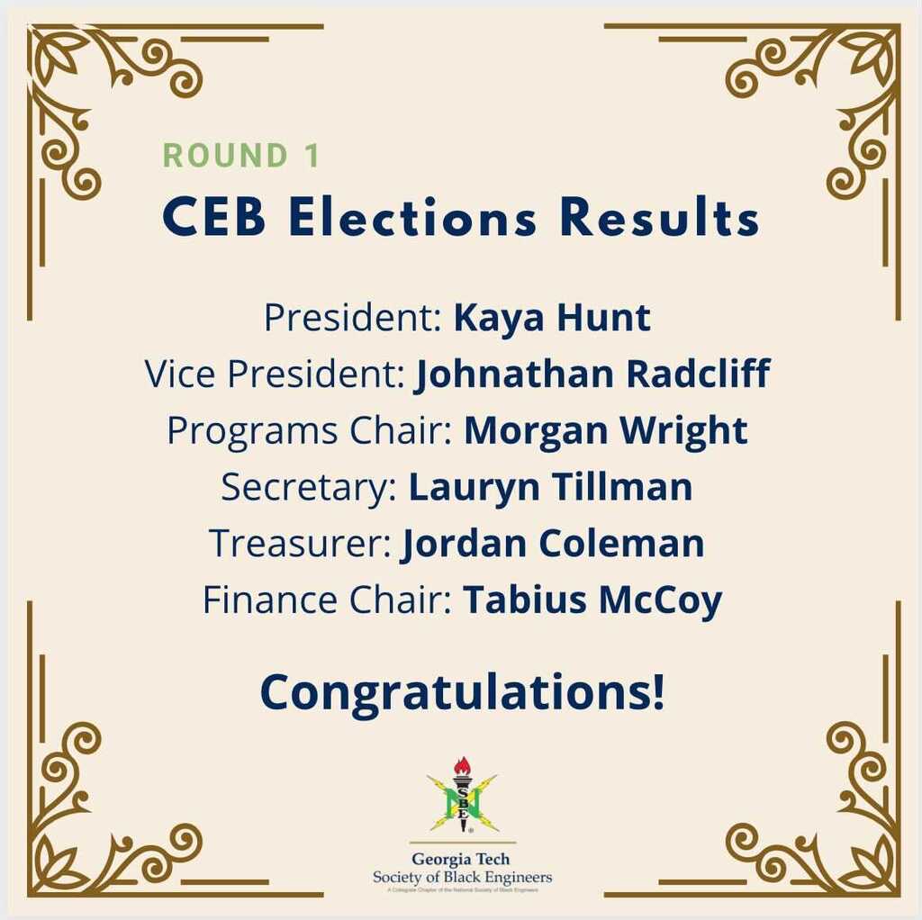 The votes have from the first round of elections have been officially counted. Congratulations to these first seven members of the 2021-2022 GTSBE Executive Board! Cannot wait to see the great things you accomplish!!