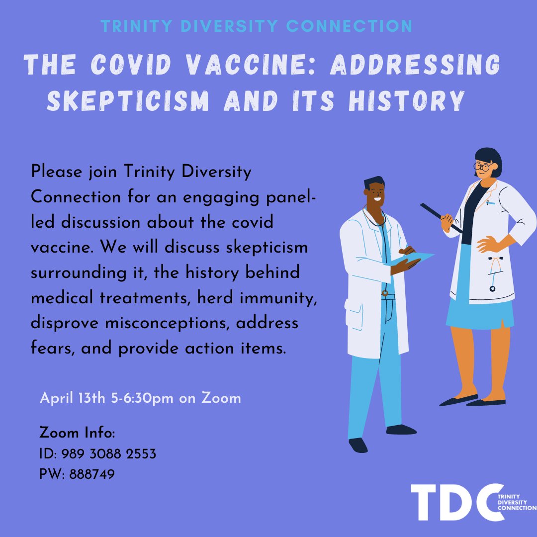 trinityutdc's tweet image. ⚠️TOMORROW⚠️ 

* What? Dialogue on skepticism surrounding the Covid-19 vaccine

* When? 4/13 @ 5-6:30 pm CST

* Where? Zoom Webinar

We hope you can join us, and the Zoom link information can be found on this flyer. Have a great day!