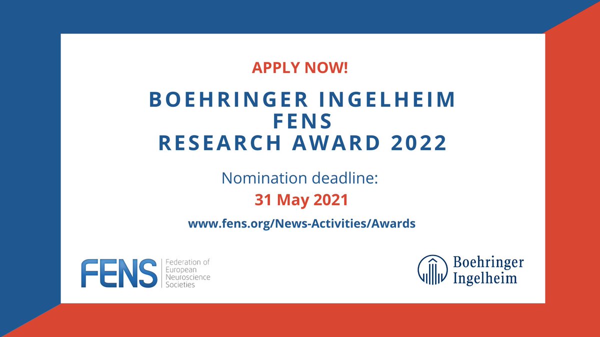 Nominate a colleague for the Boehringer Ingelheim FENS Research Award 2022! 
This award recognises outstanding and innovative scientific work from all areas of #neuroscience #research, the winner will be invited to speak at #FENS2022.

More: loom.ly/fGURYQw
<a href="/Boehringer/">Boehringer Ingelheim</a>