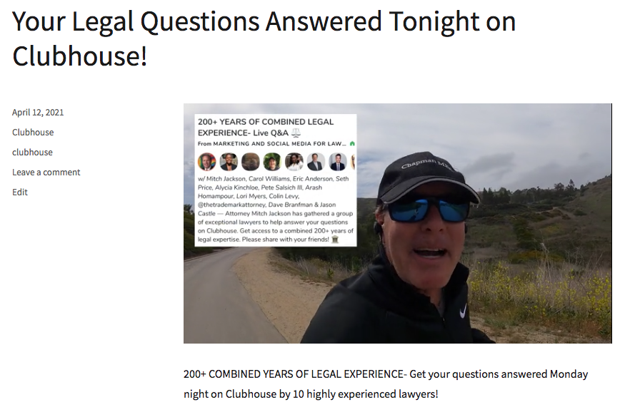 mitchjackson's tweet photo. Tonight- Get your legal questions answered on #clubhouse! 10 lawyers share 200+ combined years of answers and solutions. All the details and links here 👉 https://t.co/FC18YO3bWZ #clubstack https://t.co/mqpWiaPml1