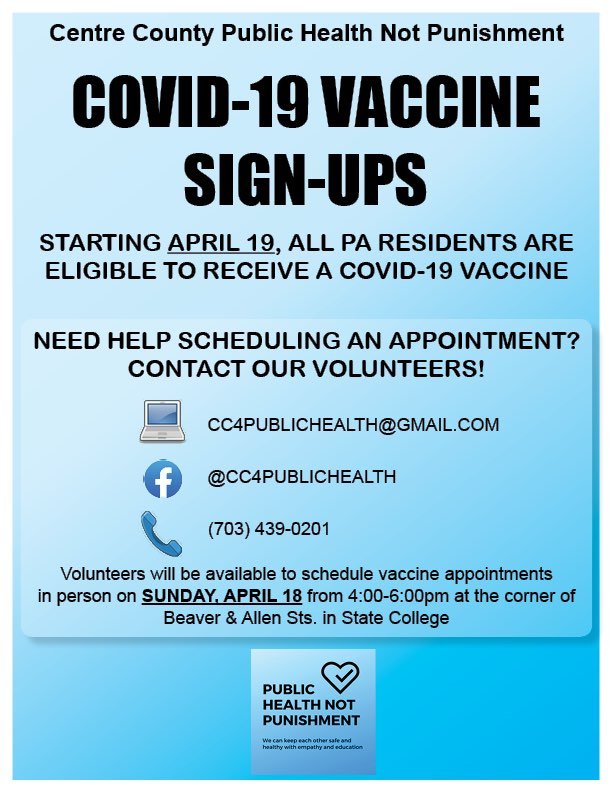 drgirlcroosh's tweet image. If you live in Centre County PA and need help scheduling vaccine appointments, please get in touch with CC Public Health Not Punishment. You can register online: forms.gle/GpTYD7XGrJ8Dfq… or reach out via email or phone!