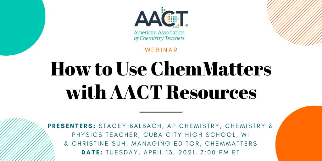 Join us Wednesday for our next webinar! Learn how to find ChemMatters articles in the archive and AACT resources that are based on these articles. Help your students make important connections between chemistry concepts and the real world! ow.ly/l4KQ50Ekzjh