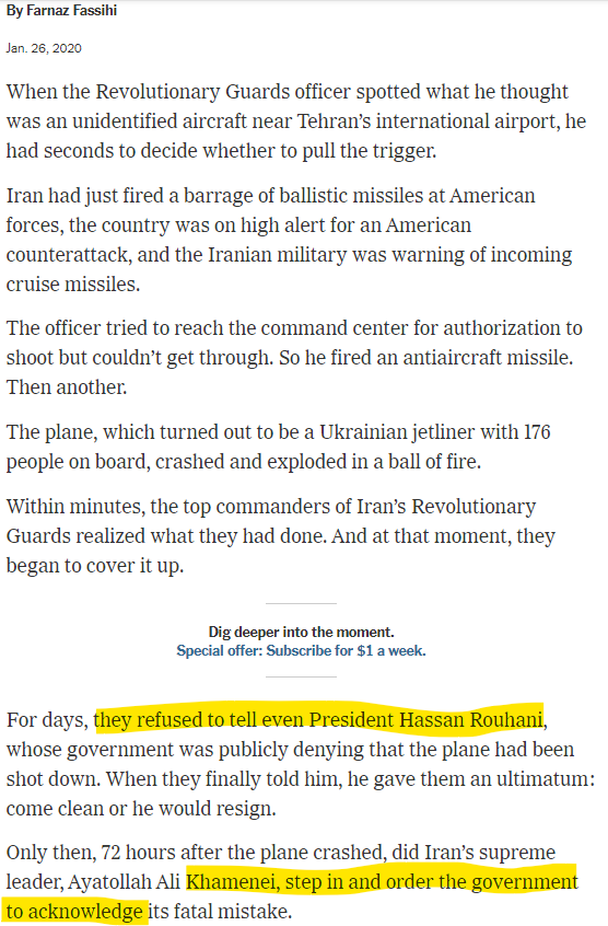 1.3. After IRGC fired two missiles at Ukraine  #Flight752, killing all 176 civilians on board, she wrote a piece in  @nytimes supporting many of the regime's coverup attempts, including that the president "was lied to" while the facts supported the opposite. #NYTimesPropaganda