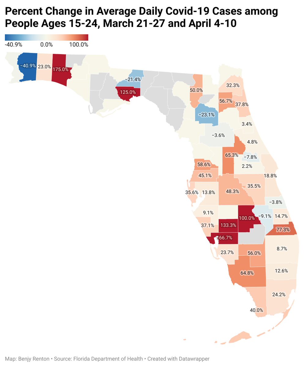 4. Where is case growth among the 15-24 year olds most present? Cases are rising among this age band on both coasts.