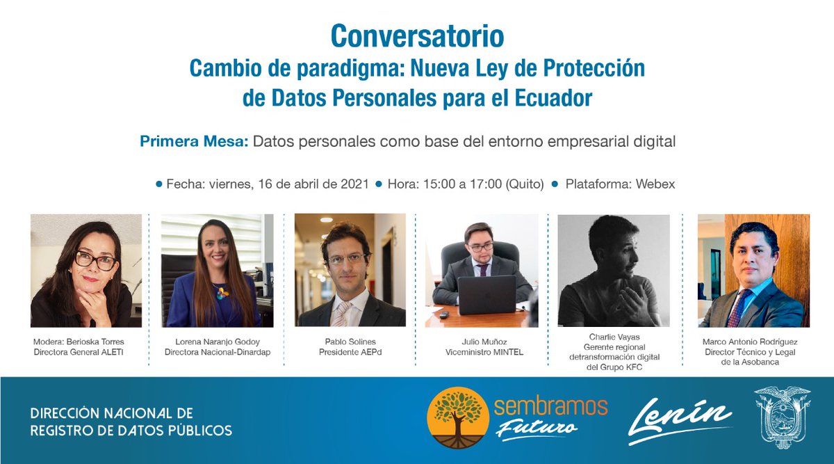 DinarpEc's tweet photo. @Dinardap invita al Conversatorio, Cambio de paradigma: Nueva Ley de Protección de Datos Personales para el Ecuador. Primera Mesa: Datos personales como base del entorno empresarial digital. Para inscribirse en el siguiente link: https://t.co/6uJbv4ikhQ

#SembramosFuturo https://t.co/NEtl2niT2b