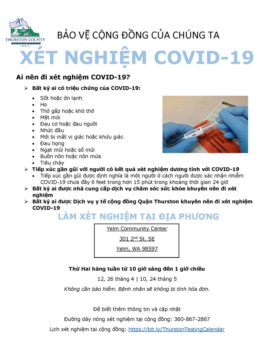 Thurston County Public Health and Social Services have extended their COVID-19 testing clinic at the Yelm Community Center through June 21. They will be there today from 10 am to 1 pm.