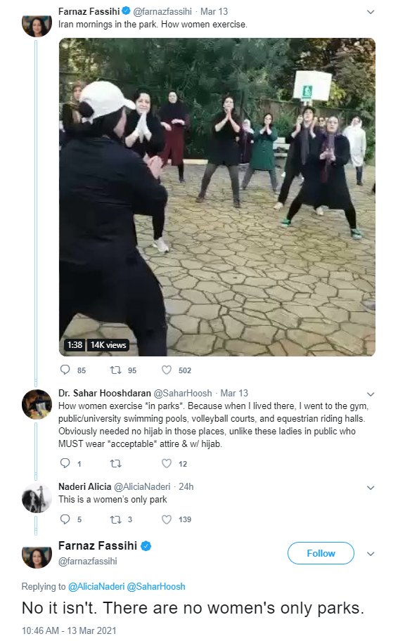 1.4. As she constantly tries to show Iran a free country for women (!), she claimed there are no women's only parks and they exercise freely in public.In the very least, this  @nytimes reporter knows next to nothing about women in Iran. #NYTimesPropaganda  https://twitter.com/hafezeh_tarikhi/status/1371810102919974913