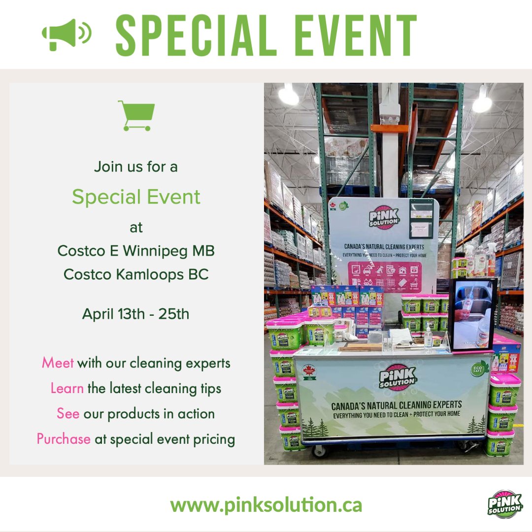 PinkSolution's tweet image. Join us in Costco E Winnipeg MB &amp;amp; Costco Kamloops BC warehouses between April 13th-24th. 
Meet with our cleaning experts to learn the latest tips and tricks to clean your home. Take advantage of our special event pricing 👉 bit.ly/PSevent21
#buylocal #Costco #PinkSolution