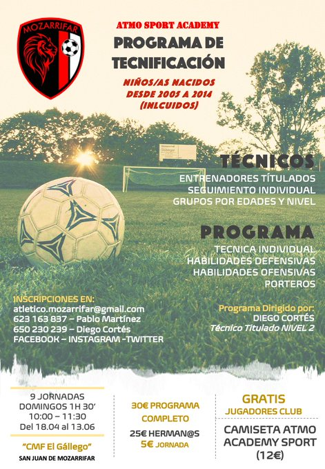 Gran aceptación del I PROGRAMA DE TECNIFICACIÓN 2021 que se va ha llevar a cabo a lo largo de los próximos 9 domingos de 10.00 a 11.30 de la mañana. 
¡¡¡Ya se han formalizado cerca de las 40 inscripciones!!!!

Formulario de inscripción:forms.gle/SbeDByzoii9y7Y…