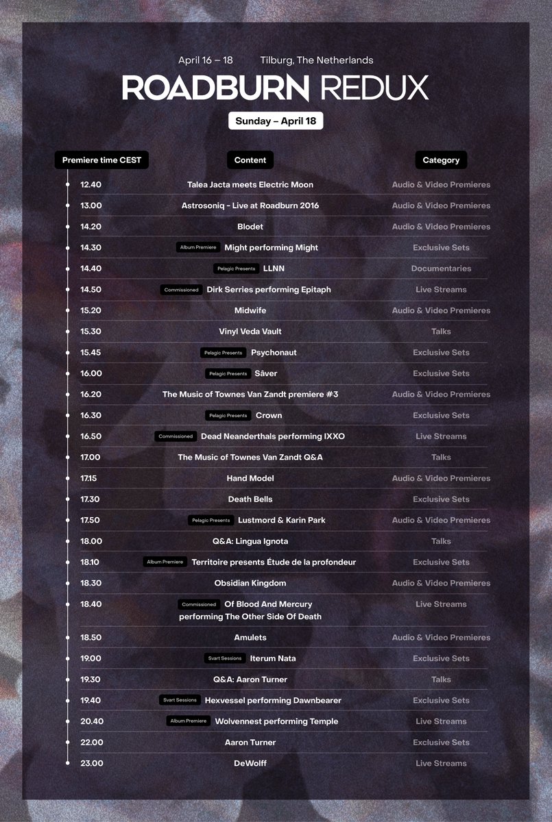 We've got a lot of info to share with you! 
But maybe most importantly - we have the Roadburn schedules!
Including a bonus evening of good times on Thursday! 

Here's those schedules if you can't wait any longer, but read on for the full low down...