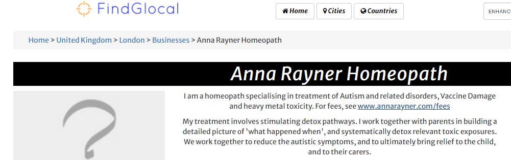 7) Rayner, in the video, discusses vaccines a lot. Rayner, in a homeopathic capacity, has worked with "vaccine damage", however, her website no longer exists.