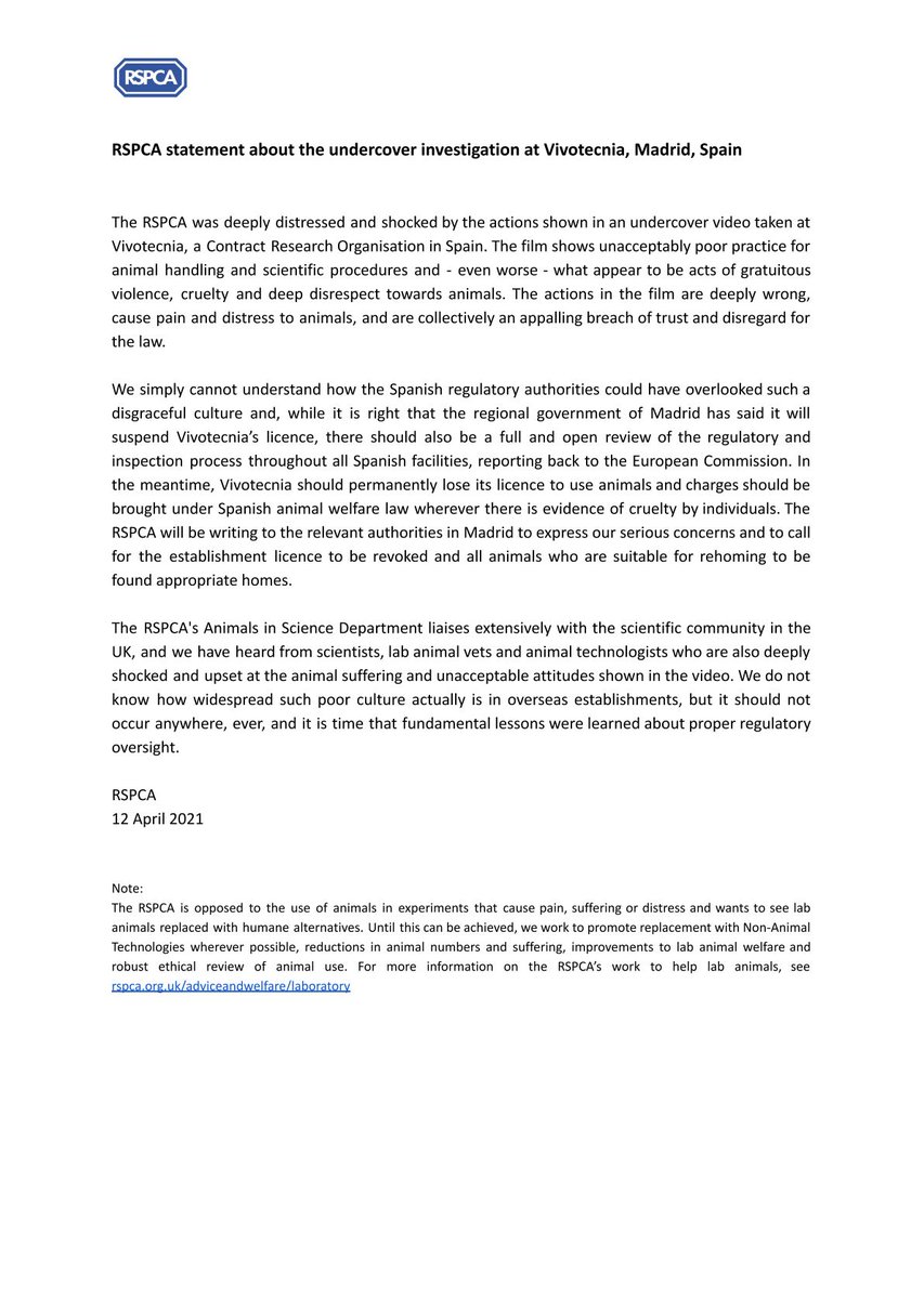 RSPCA statement - exposé at #Vivotecnia